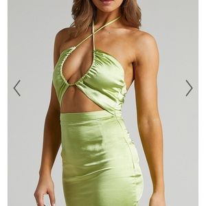 Skylah Green Satin Cross Over Halter Mini Dress